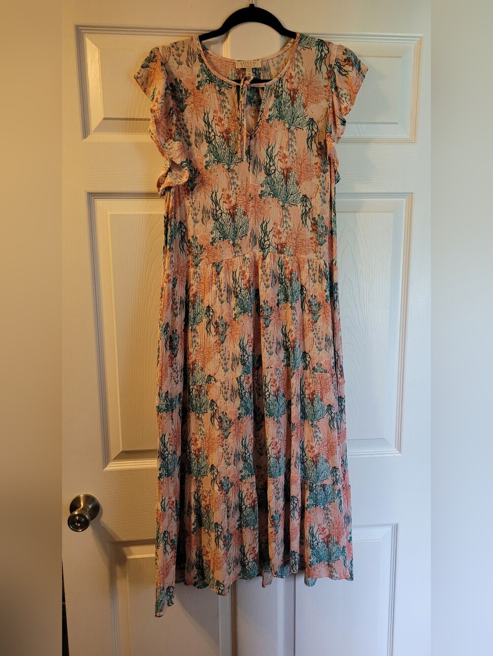 Stitch Peach Floral Midi Dress with Teal Botanical Print. Excellet Condition